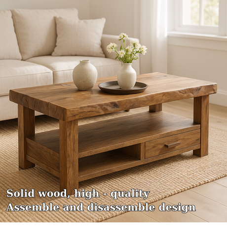 Handcrafted Solid Wood Coffee Table with Drawer – Rustic Modern Design for Cozy Living Spaces