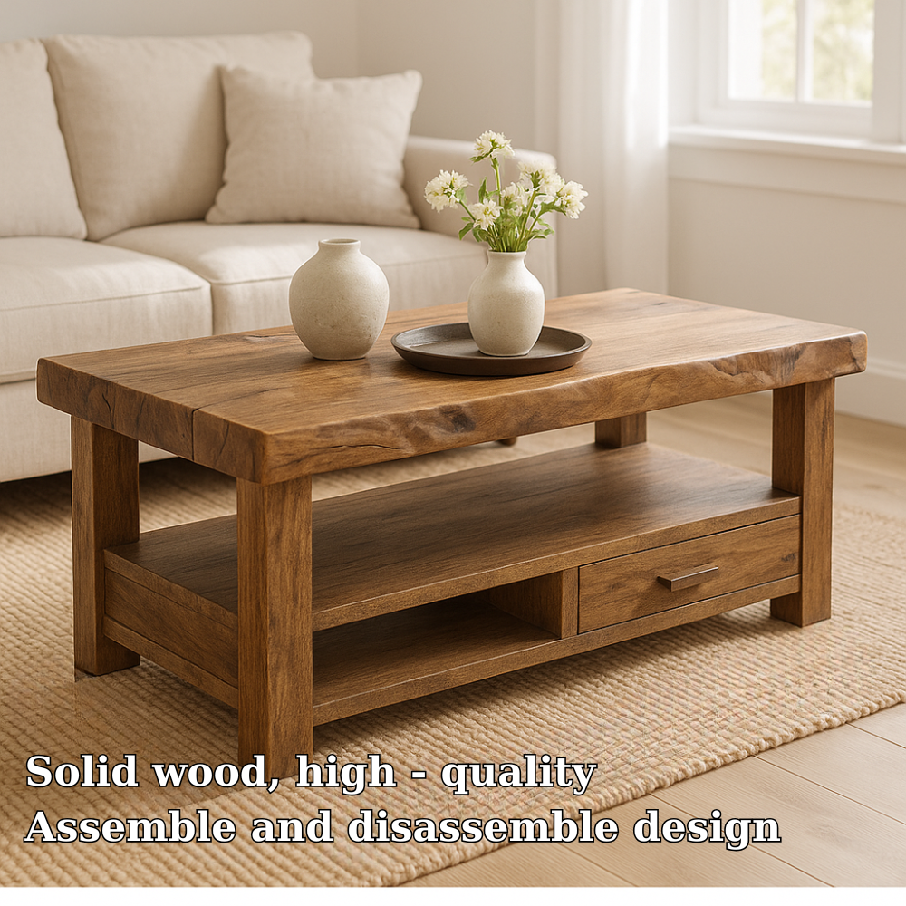 Handcrafted Solid Wood Coffee Table with Drawer – Rustic Modern Design for Cozy Living Spaces