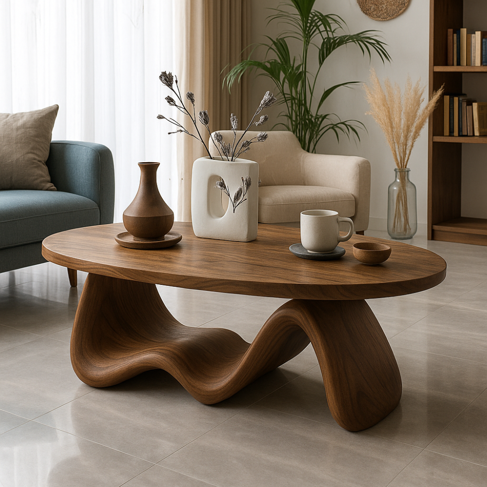 Handcrafted Solid Wood Coffee Table with Organic Wave Base – Modern Sculptural Design