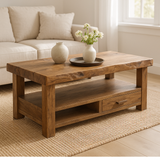 Handcrafted Solid Wood Coffee Table with Drawer – Rustic Modern Design for Cozy Living Spaces