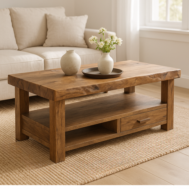 Handcrafted Solid Wood Coffee Table with Drawer – Rustic Modern Design for Cozy Living Spaces