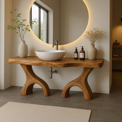 Handcrafted Solid Wood Bathroom Vanity with Dual Arched Base – Modern Organic Bathroom Design