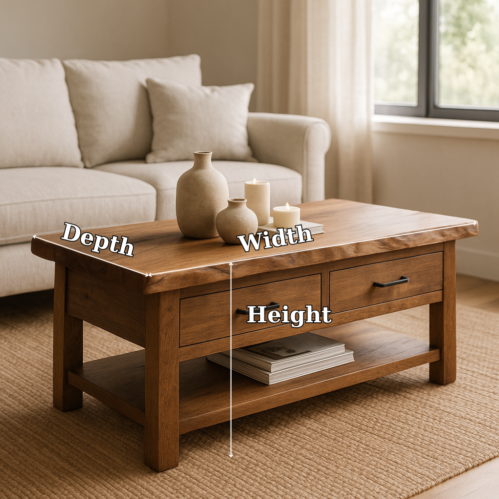 Handcrafted Solid Wood Coffee Table with Drawers – Rustic Live Edge Design for Modern Living Rooms