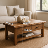 Handcrafted Solid Wood Coffee Table with Drawers – Rustic Live Edge Design for Modern Living Rooms
