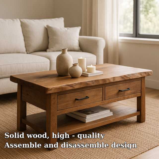 Handcrafted Solid Wood Coffee Table with Drawers – Rustic Live Edge Design for Modern Living Rooms