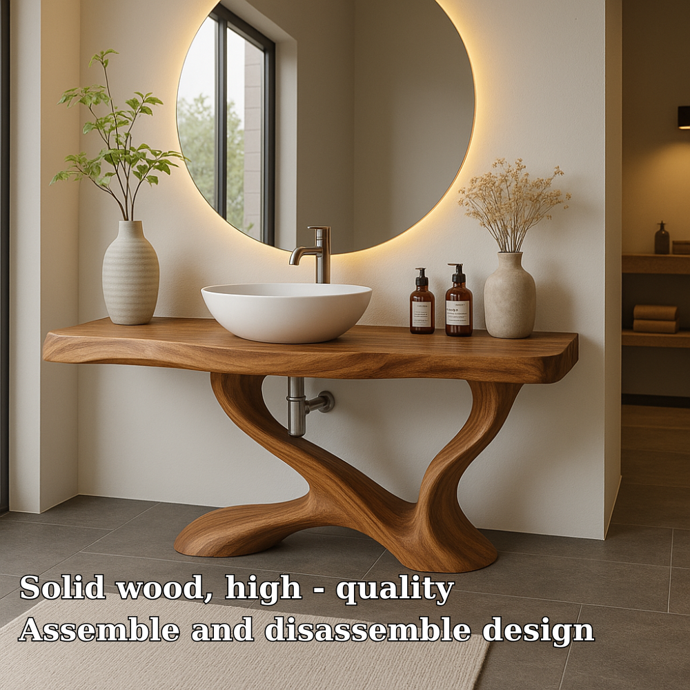 Handcrafted Solid Wood Bathroom Vanity with Sculptural Base – Modern Organic Bathroom Design
