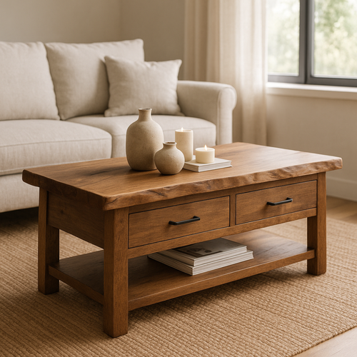 Handcrafted Solid Wood Coffee Table with Drawers – Rustic Live Edge Design for Modern Living Rooms