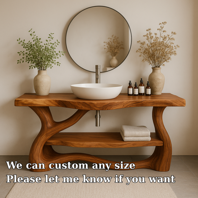 Handcrafted Solid Wood Bathroom Vanity with Organic Flow Design – Modern Natural Elegance