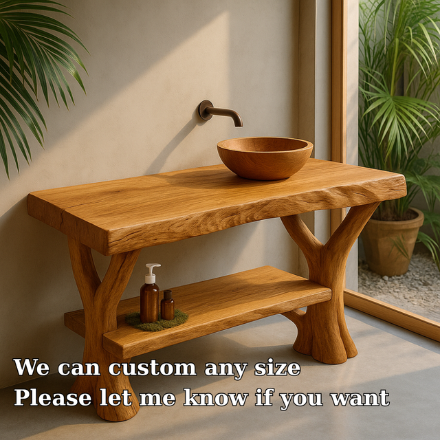 Handcrafted Solid Wood Bathroom Vanity – Natural Live Edge Design with Organic Branch Legs