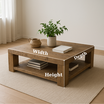 Handcrafted Solid Wood Coffee Table – Rustic Minimalist Square Center Table with Open Shelf for Japandi or Modern Living Room