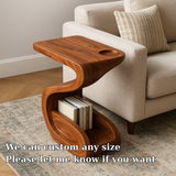 Handcrafted Solid Wood Armrest Table with Sculpted Curve Design and Storage Shelf