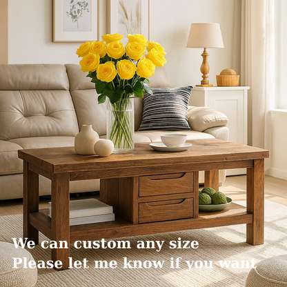 Handcrafted Solid Wood Coffee Table – Modern Farmhouse Center Table with Drawers and Open Shelf for Cozy Living Room