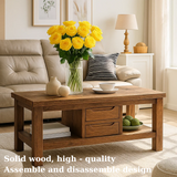 Handcrafted Solid Wood Coffee Table – Modern Farmhouse Center Table with Drawers and Open Shelf for Cozy Living Room