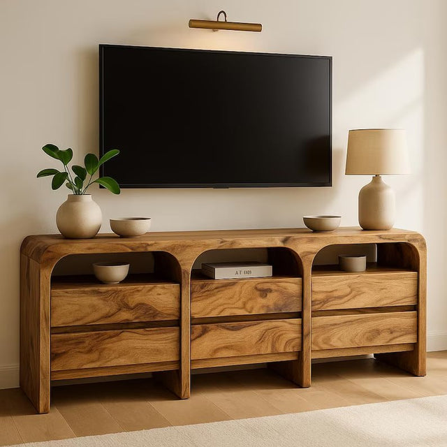 Modern Solid Wood TV Stand with Curved Design, Drawers & Open Shelves – Natural Walnut Finish