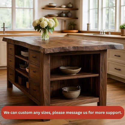 Rustic Solid Wood Kitchen Island – Handmade Farmhouse Prep Table with Open Shelves, Natural Wooden Storage Counter for Kitchen Décor