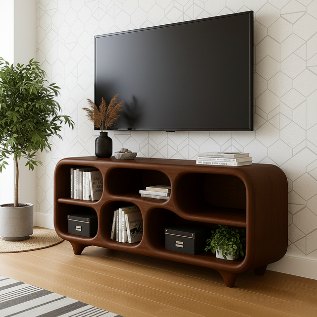 Handcrafted Solid Wood TV Stand – Sculptural Retro-Modern Soft Form Console