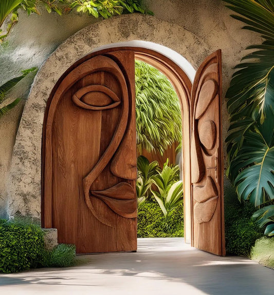 Artistic Face Carved Entry Door For Villa Entrance