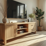 Handcrafted Solid Wood TV Stand with Drawers and Shelves in Natural Oak Finish for Living Room