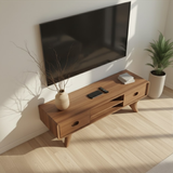 Handcrafted Solid Wood TV Stand with Rounded Edges and Retro Legs in Natural Walnut Finish