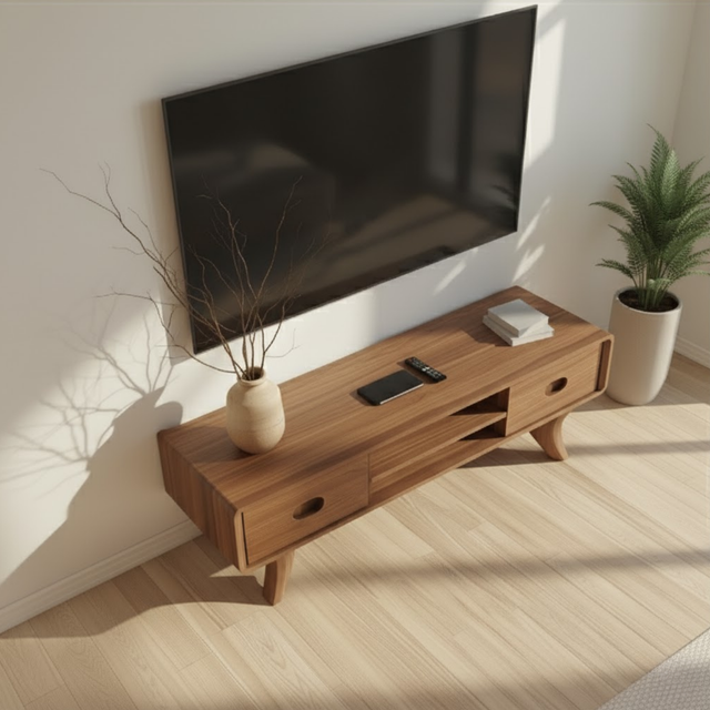 Handcrafted Solid Wood TV Stand with Rounded Edges and Retro Legs in Natural Walnut Finish