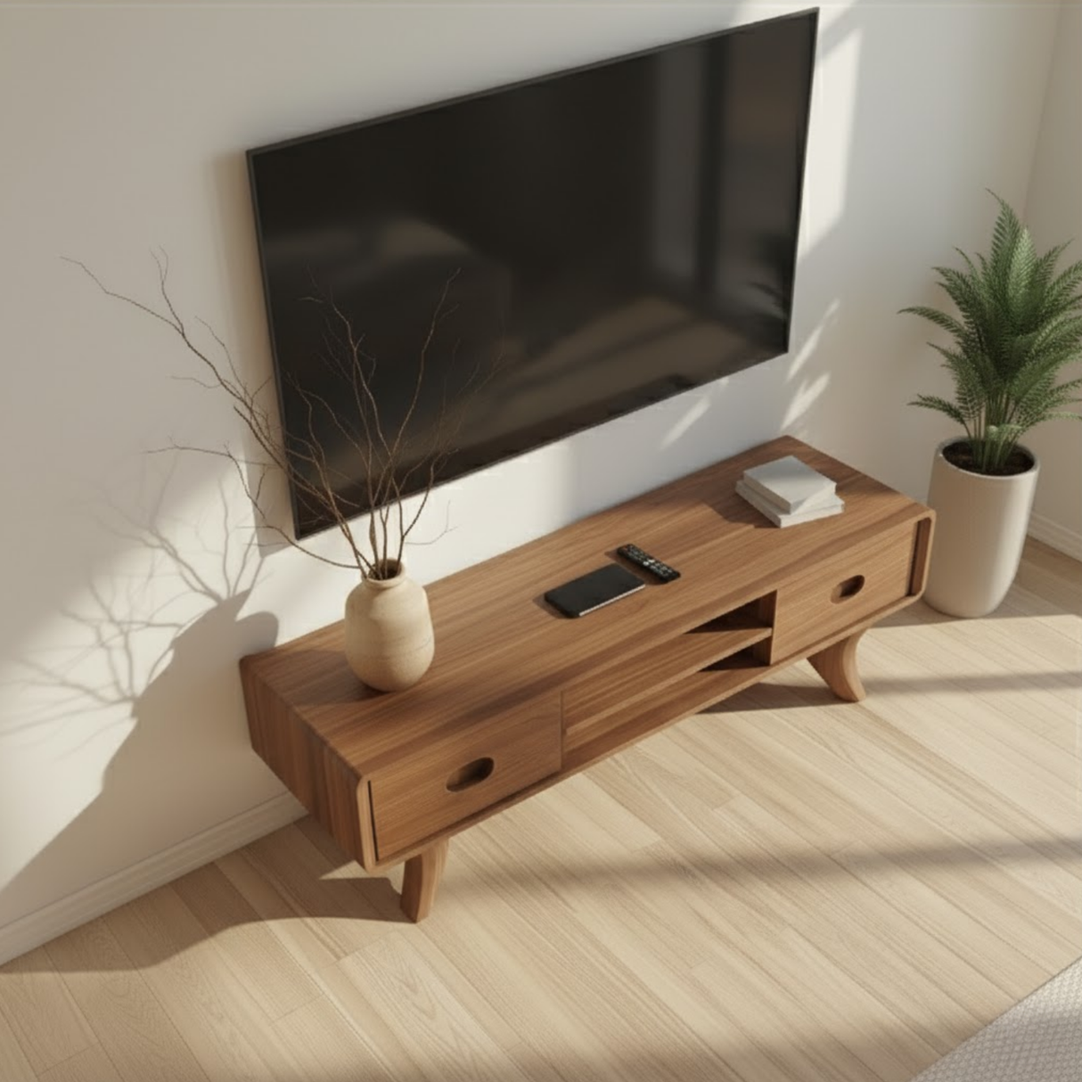 Handcrafted Solid Wood TV Stand with Rounded Edges and Retro Legs in Natural Walnut Finish