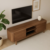Soft Edge Sculptural Solid Wood TV Stand – Organic Modern Media Console with Wave Carved Doors, Rounded Corners, Minimalist Furniture