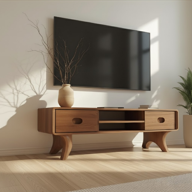 Handcrafted Solid Wood TV Stand with Rounded Edges and Retro Legs in Natural Walnut Finish