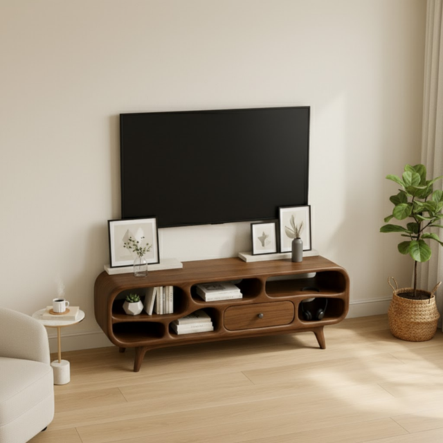Handcrafted Solid Wood TV Stand – Sculptural Retro Minimal Organic Design