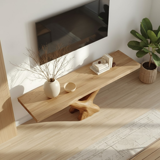Handcrafted Solid Wood TV Stand with Natural Live Edge and Artistic Root-Inspired Base