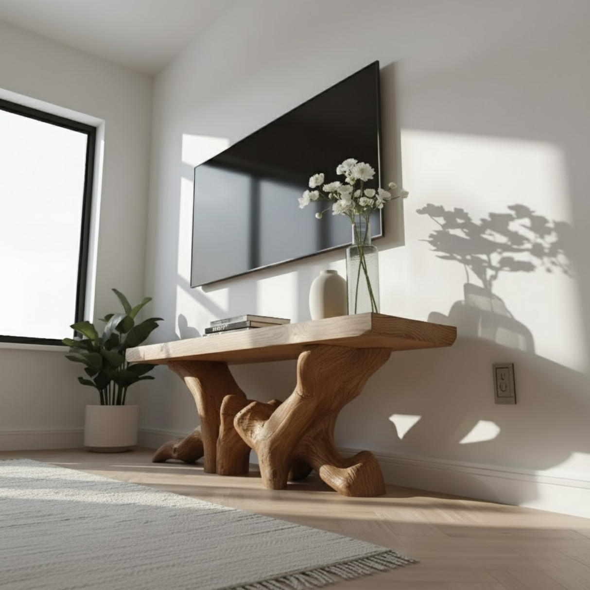 Handcrafted Solid Wood TV Stand with Organic Root Design and Natural Finish for Modern Interiors