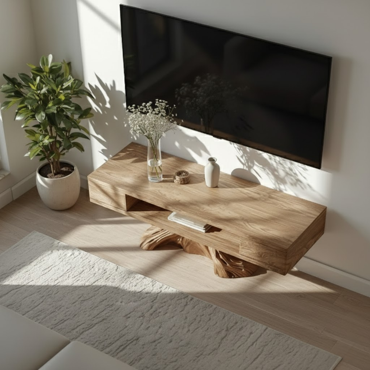 Handcrafted Solid Wood TV Stand with Artistic Sculpted Base and Natural Oak Grain Finish