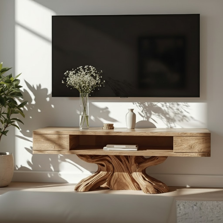 Handcrafted Solid Wood TV Stand with Artistic Sculpted Base and Natural Oak Grain Finish